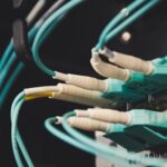 Detailed view of fiber optic cables and ports in a server room, showcasing connectivity.